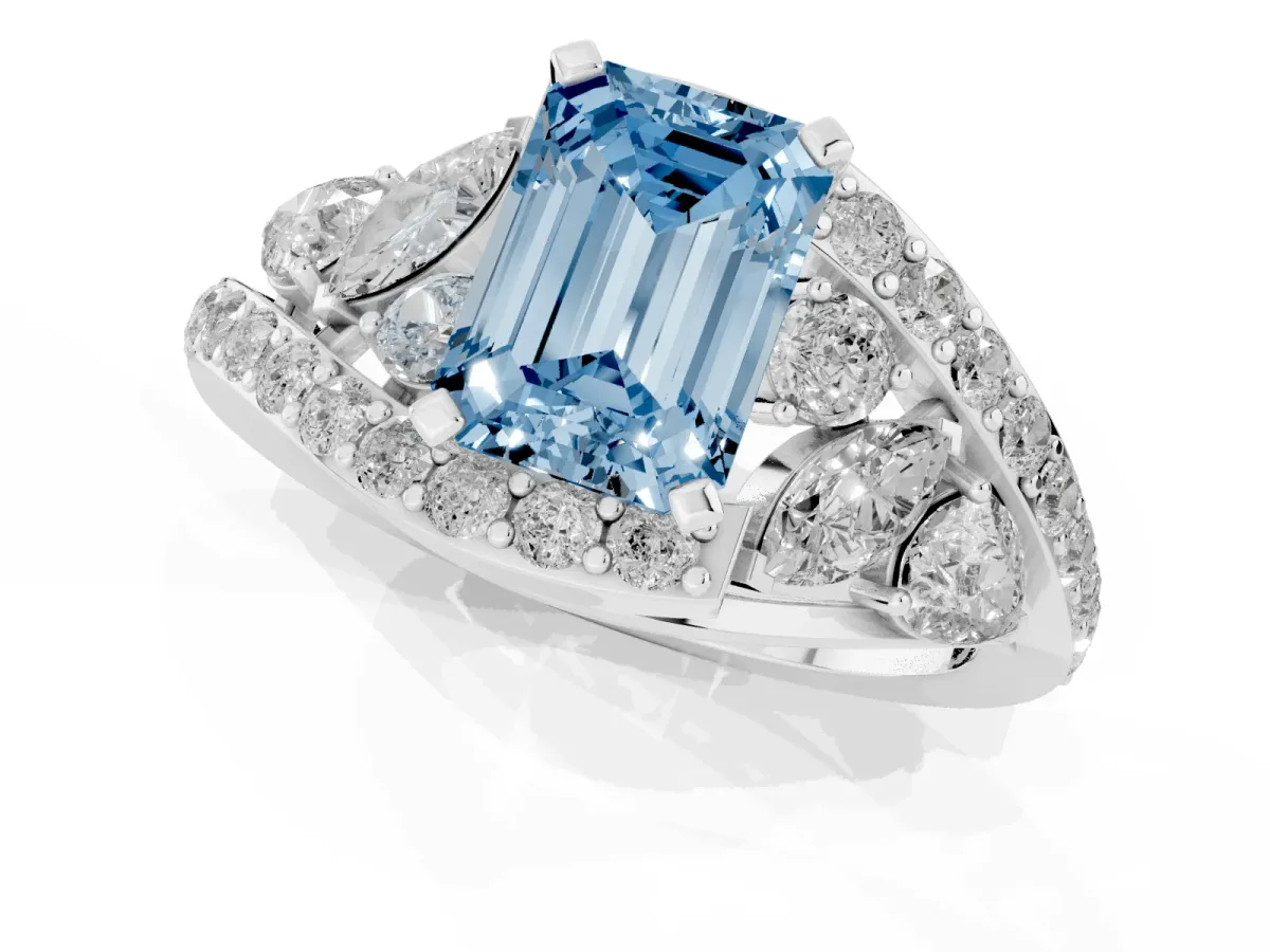 Fancy Blue Emerald Cut Diamond Halo Ring with Marquise and Pavé Band in Prong Setting White gold