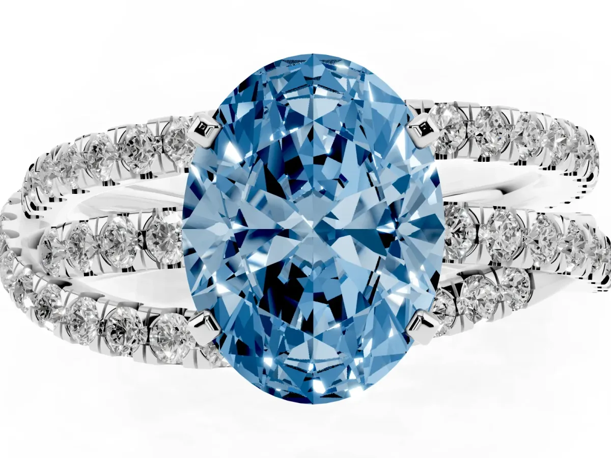 Fancy Blue Oval Cut Solitaire Twist Band with Pavé Setting and Four-Prong Setting Platinum