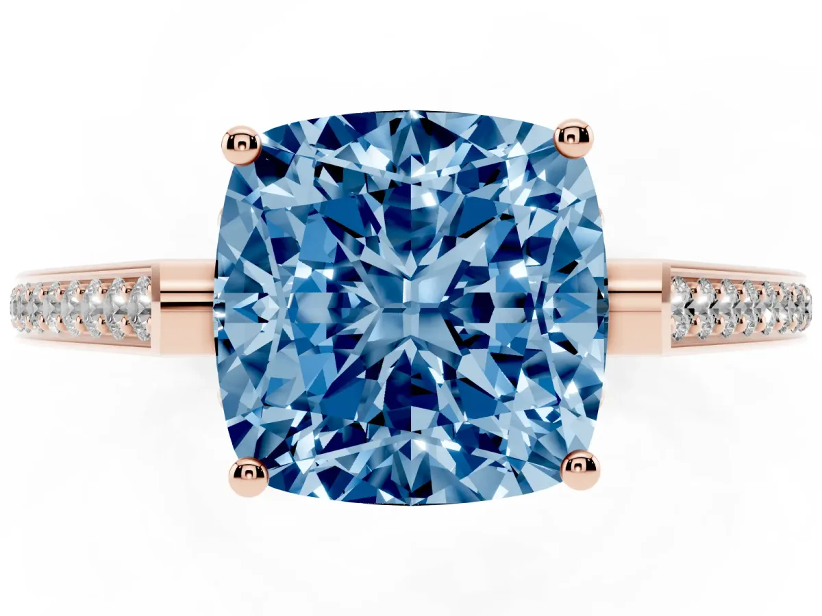 Fancy Blue Cushion Cut Cut Cathedral Pave Diamond Engagement Ring with Six-Prong Setting Rose gold