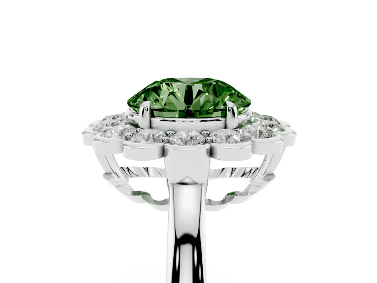 Fancy Green Round Cut Halo Cluster Diamond Engagement Ring with Solitaire Band and Prong Setting Platinum