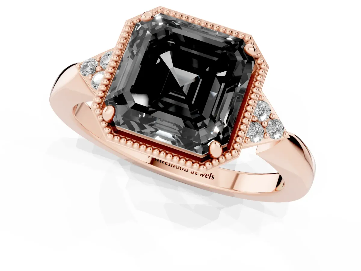 Fancy Black Hexagonal Halo Asscher Cut Diamond Solitaire with Pavé Band and Four-Prong Setting Rose gold