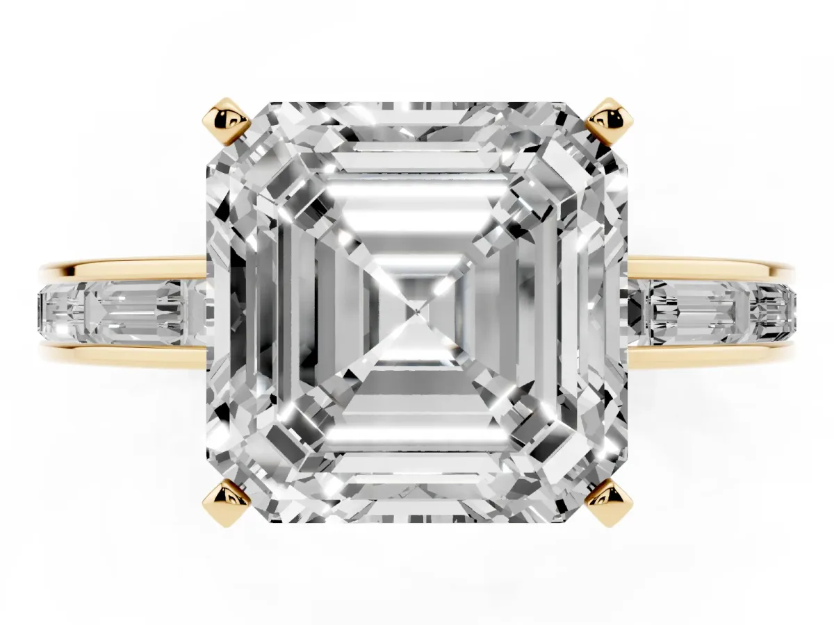 Asscher Cut Solitaire Diamond Ring with Channel-Set Baguette Band and Four-Prong Setting Yellow gold