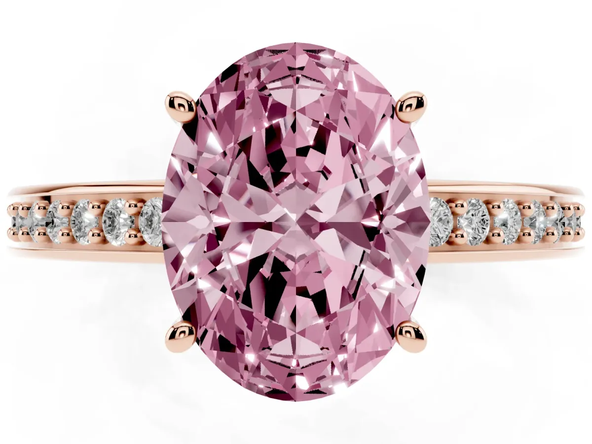 Fancy Pink Oval Cut Solitaire Pavé Band Prong Setting Ring Rose gold