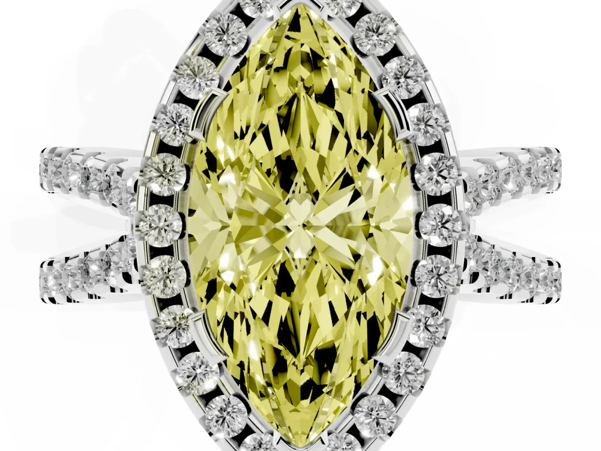 Fancy Yellow Marquise Cut Diamond Halo Ring with Split Shank Pavé Band and Prong Setting Silver