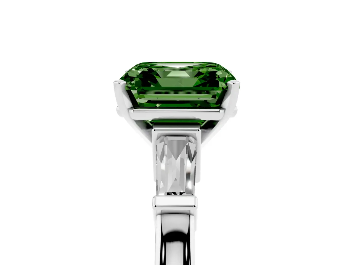Fancy Green Asscher Cut Cut Diamond Solitaire Ring with Tapered Baguette Accents and Four-Prong Setting Platinum