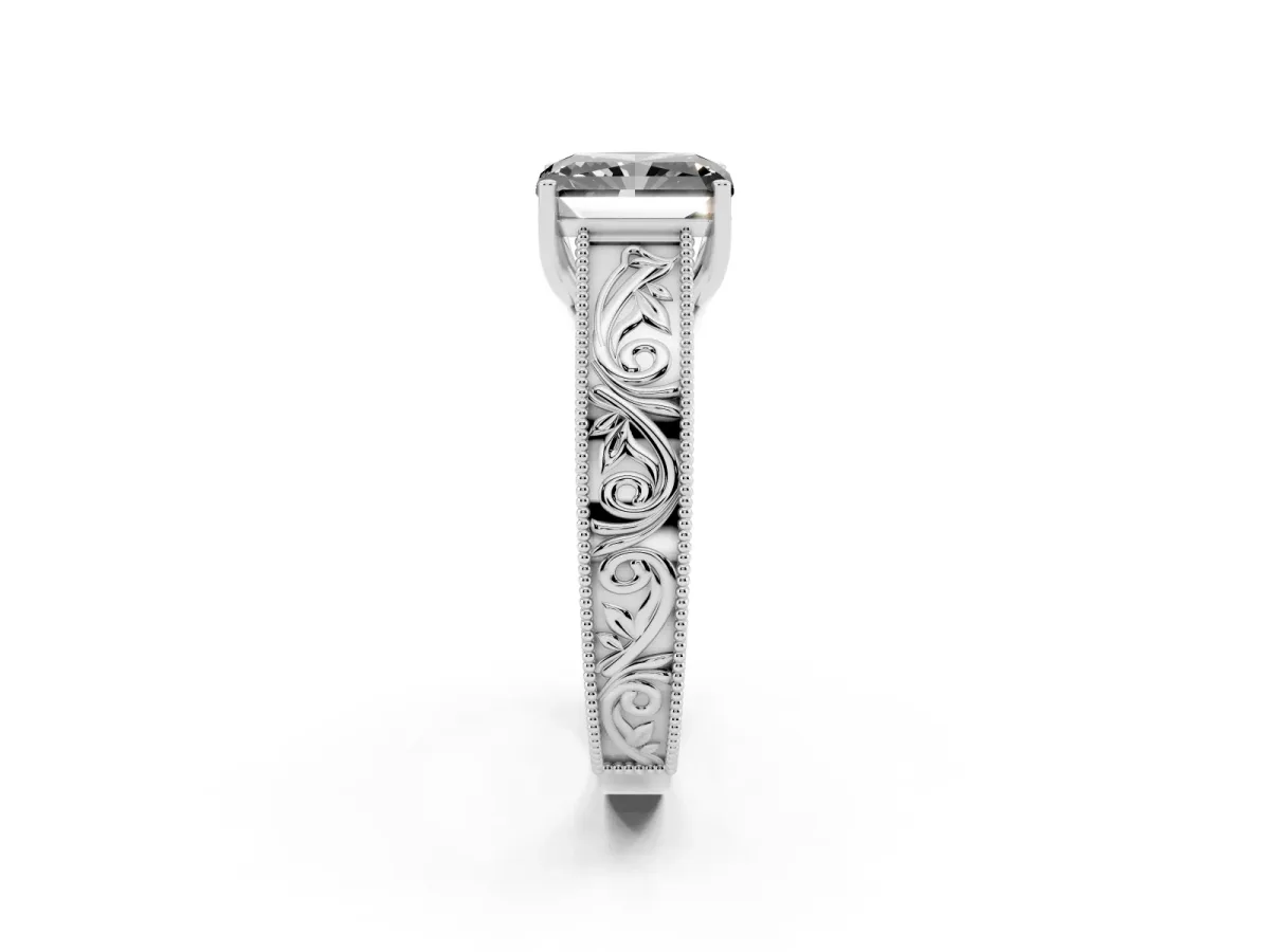 Fancy Black Radiant Cut Diamond Solitaire Ring with Engraved Band and Four-Prong Setting Platinum