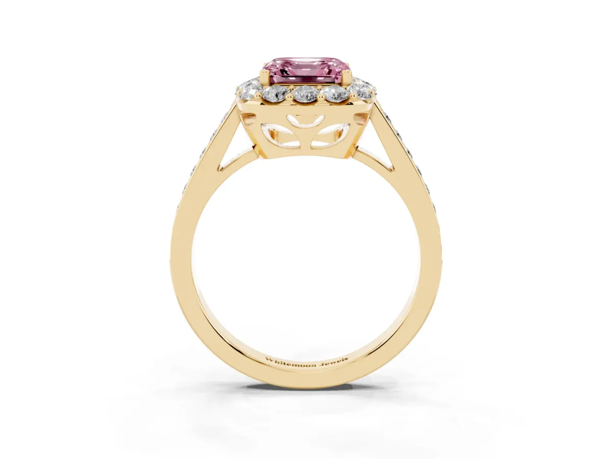 Fancy Pink Asscher Cut Diamond Floral Halo Ring with Pavé Band and Prong Setting Yellow gold