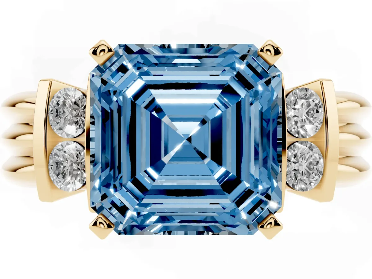 Fancy Blue Asscher Cut Cut Three-Stone Channel Set Ring with Bar Prongs Yellow gold