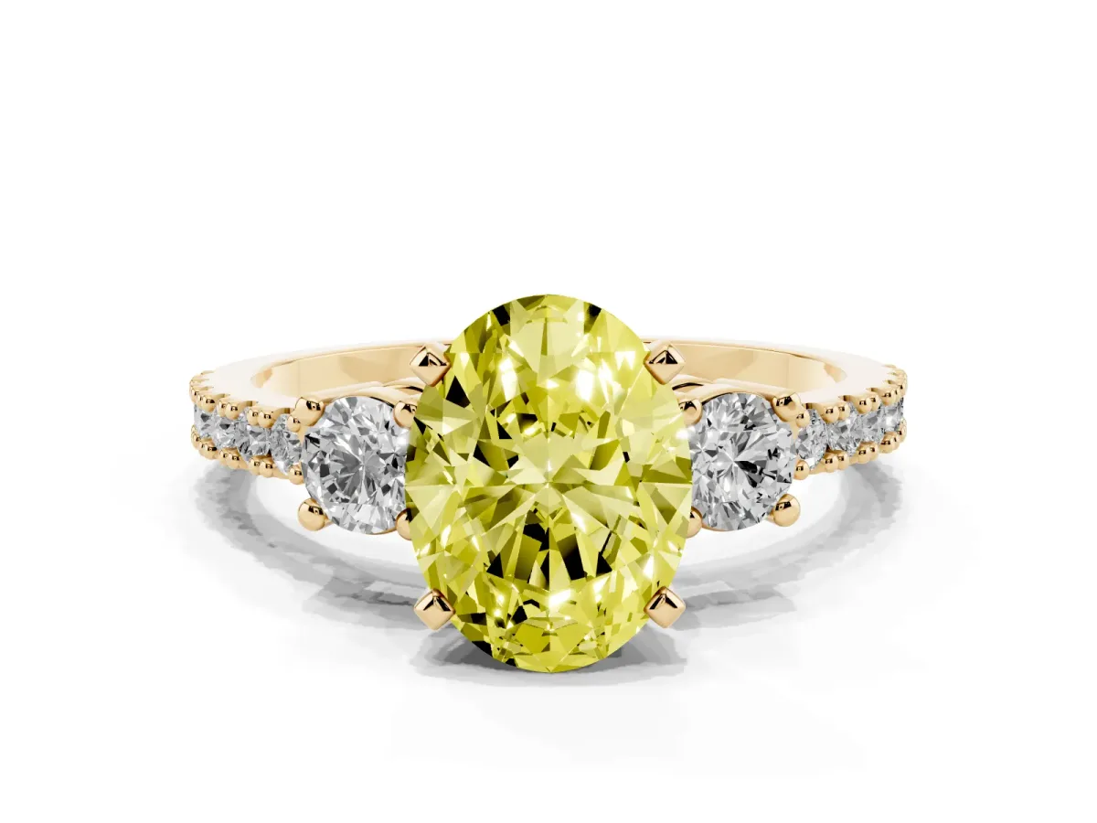 Fancy Yellow Oval Cut Three-Stone Diamond Pavé Band with Prong Setting Yellow gold