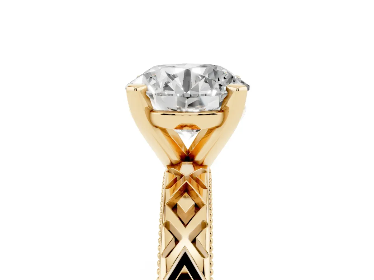 Round Cut Solitaire Diamond Ring with Milgrain and Black Enamel X Pattern Band Yellow gold