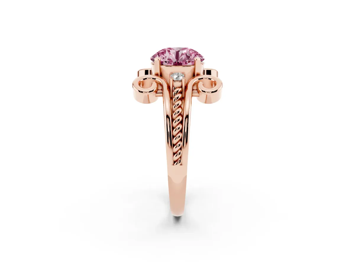 Fancy Pink Round Cut Solitaire Twisted Band Scroll Prong Ring Rose gold
