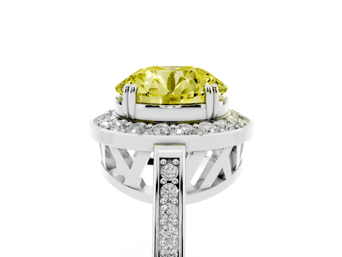 Fancy Yellow Round Cut Diamond Halo Ring with Split Shank and Four-Prong Setting Silver