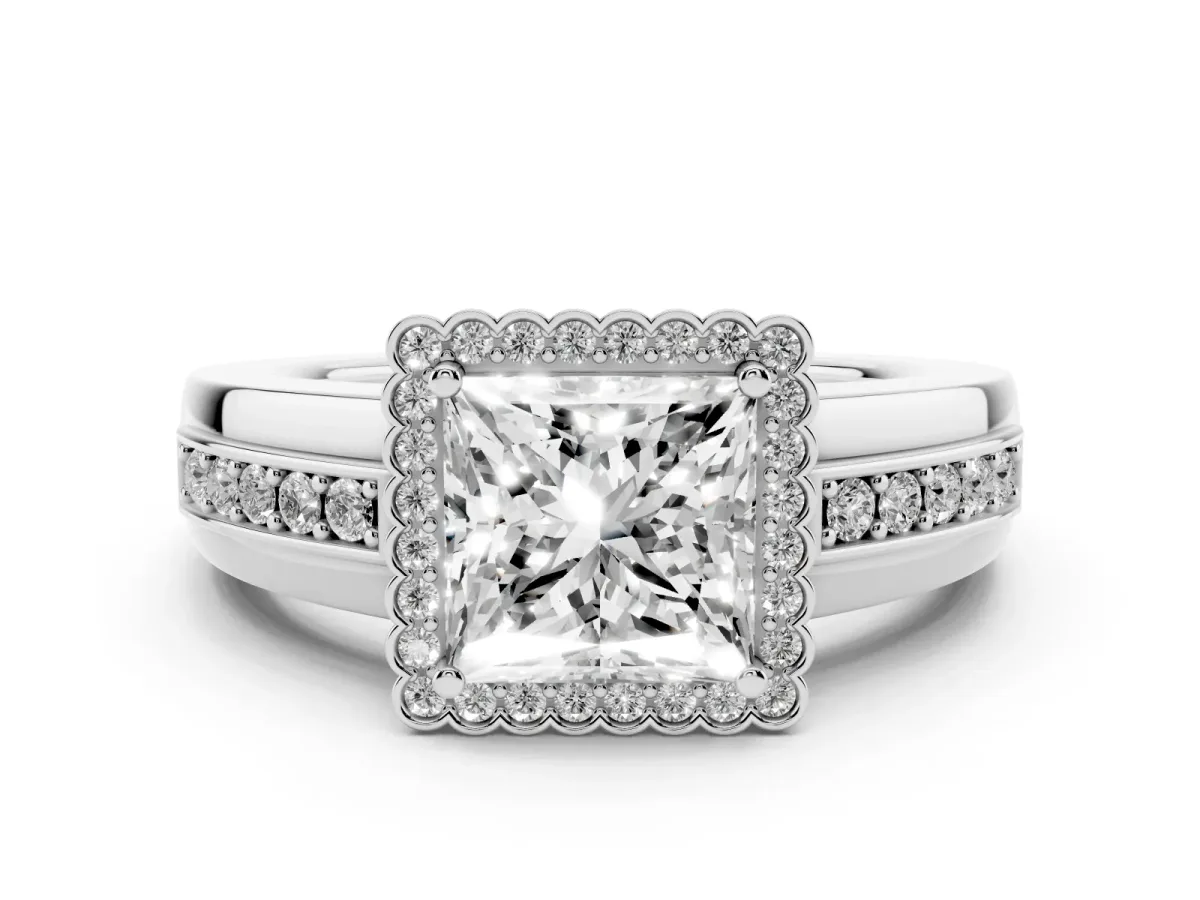 Princess Cut Cut Halo Pave Band Four-Prong Ring Silver