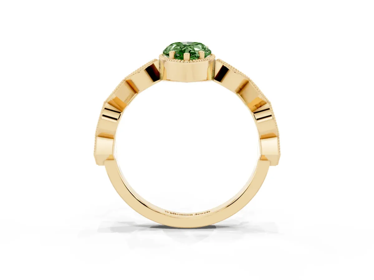 Fancy Green Pear Cut Milgrain Marquise Diamond Twist Band Ring Yellow gold