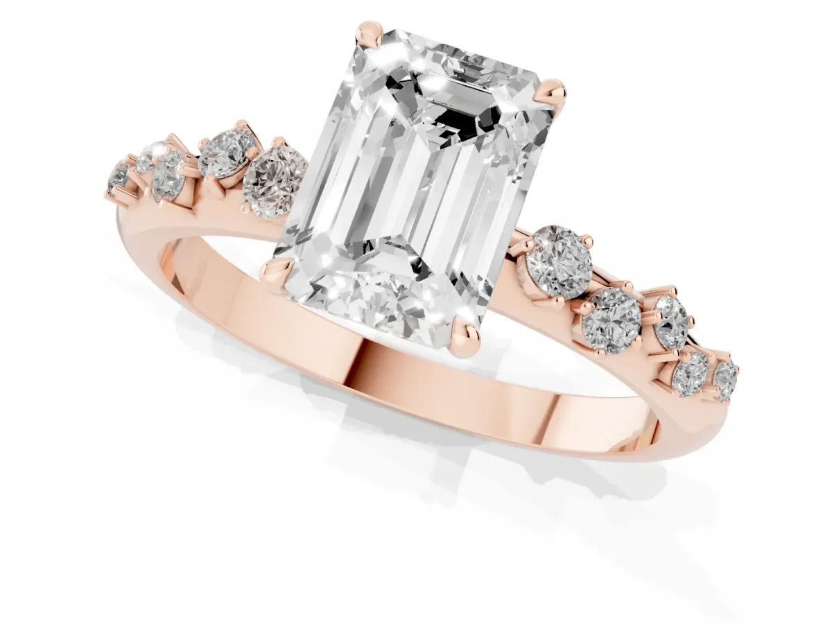 Emerald Cut Diamond Cluster Prong-Set Solitaire Ring Rose gold