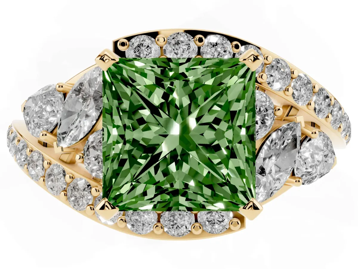Fancy Green Princess Cut Diamond Halo Ring with Marquise and Pavé Band in Prong Setting Yellow gold