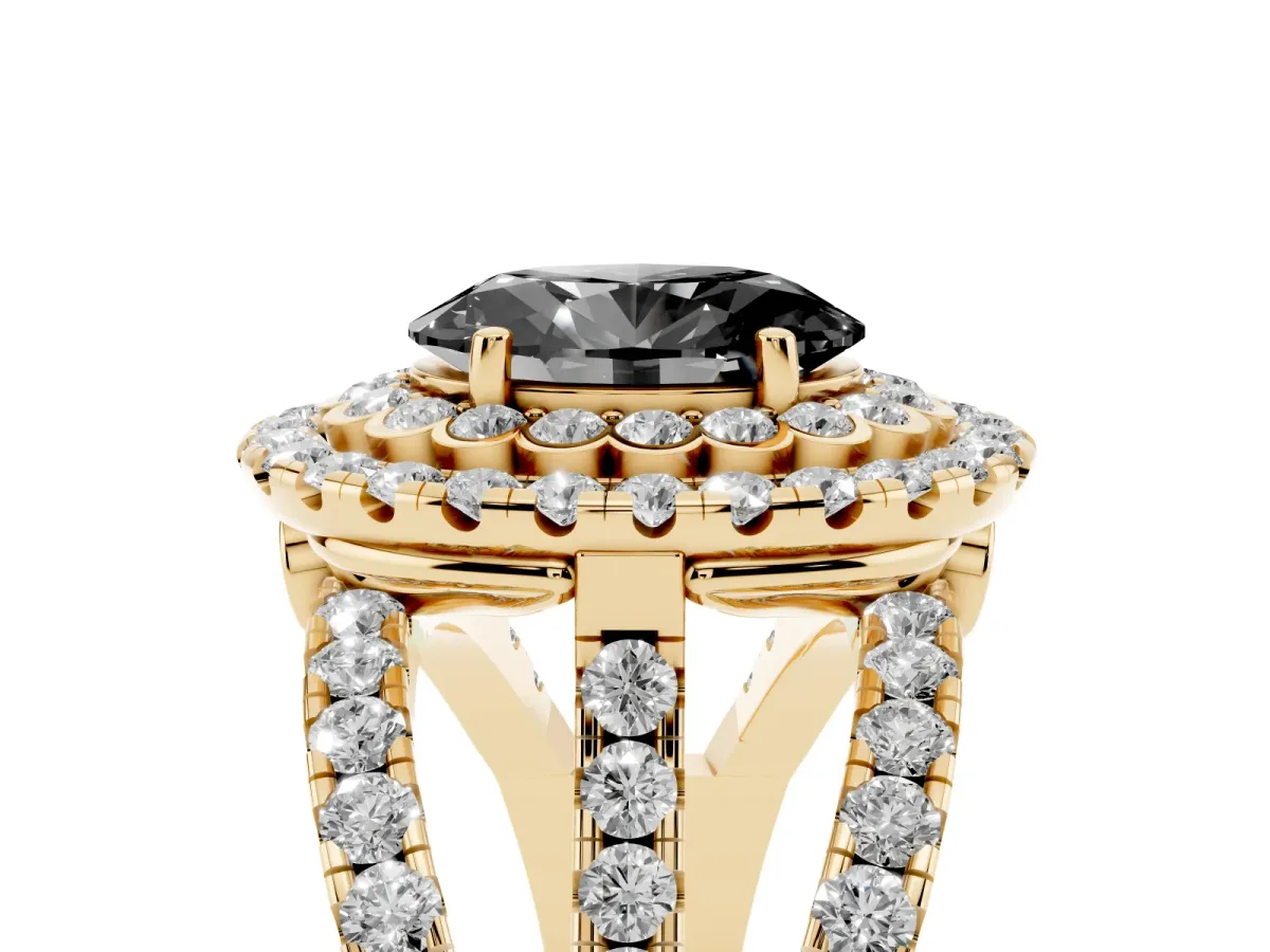 Fancy Black Oval Cut Diamond Double Halo Ring with Round Pavé Split Shank and Prong Setting Yellow gold