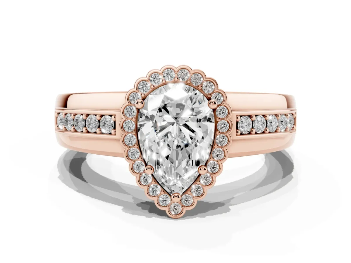Pear Cut Cut Halo Pave Band Four-Prong Ring Rose gold