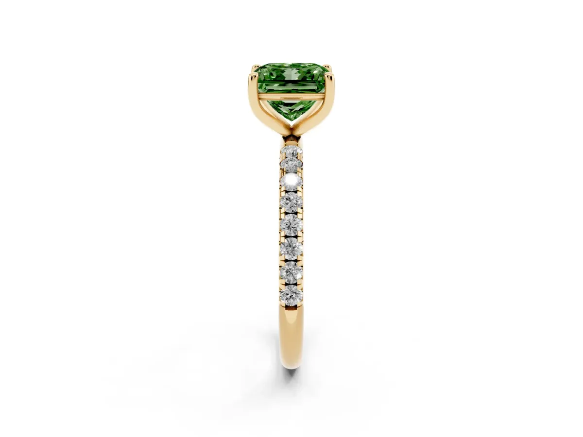 Fancy Green Princess Cut Cut Diamond Solitaire Ring with Micro Pave Band and Four Prong Setting Yellow gold