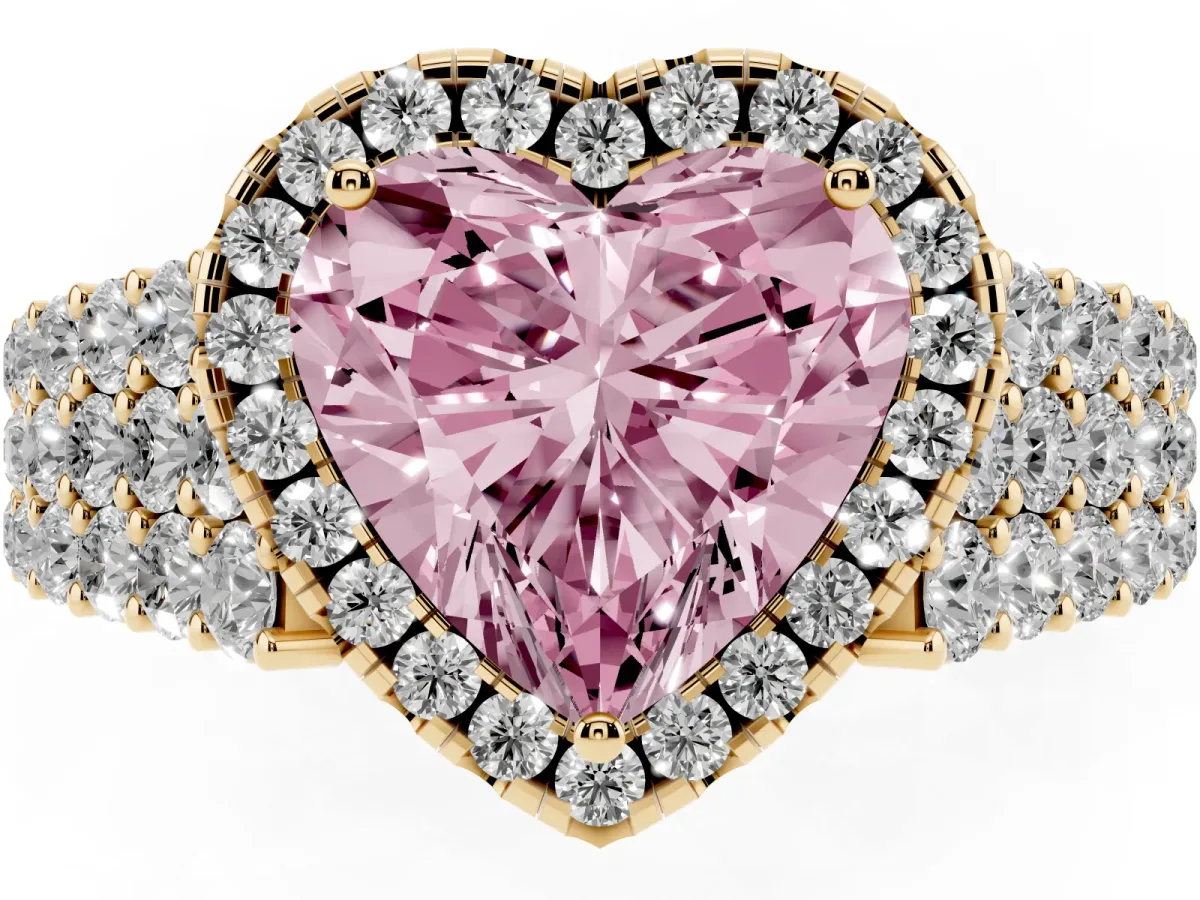 Fancy Pink Heart Cut Diamond Halo Engagement Ring with Triple Row Round Pavé Band and Prong Setting Yellow gold