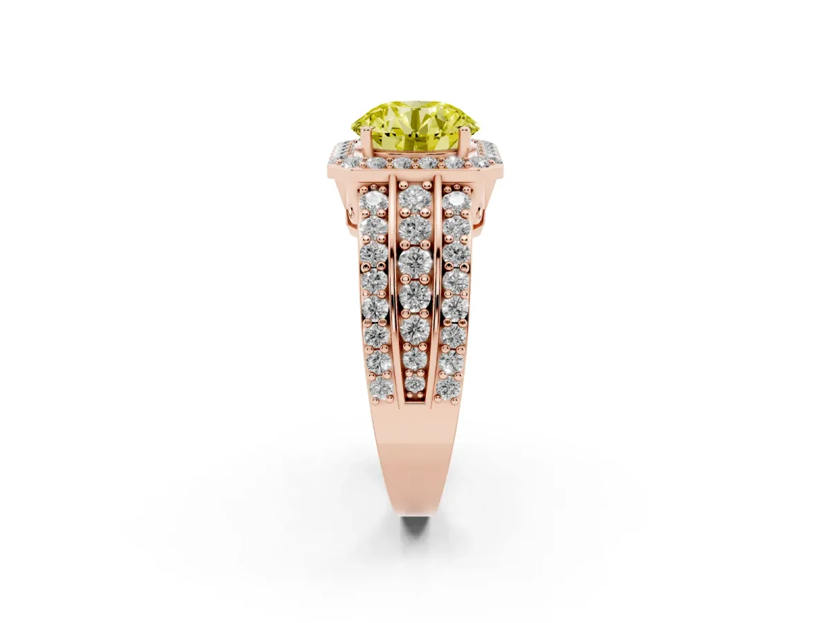 Fancy Yellow Round Cut Halo Diamond Ring with Round Split Shank and Prong Setting Rose gold