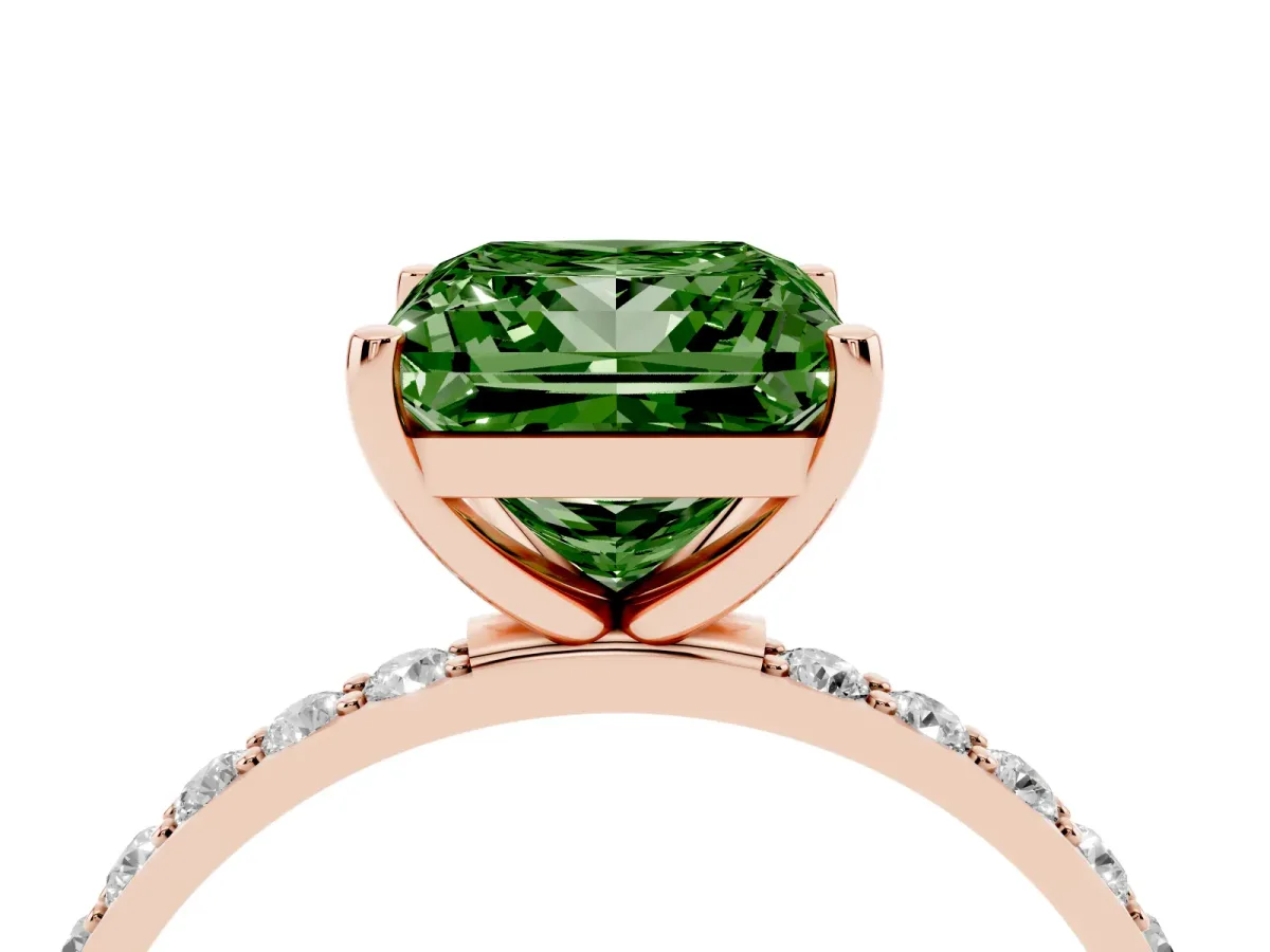 Fancy Green Princess Cut Diamond Solitaire Ring with Round Pavé Shoulders and Prong Setting Rose gold