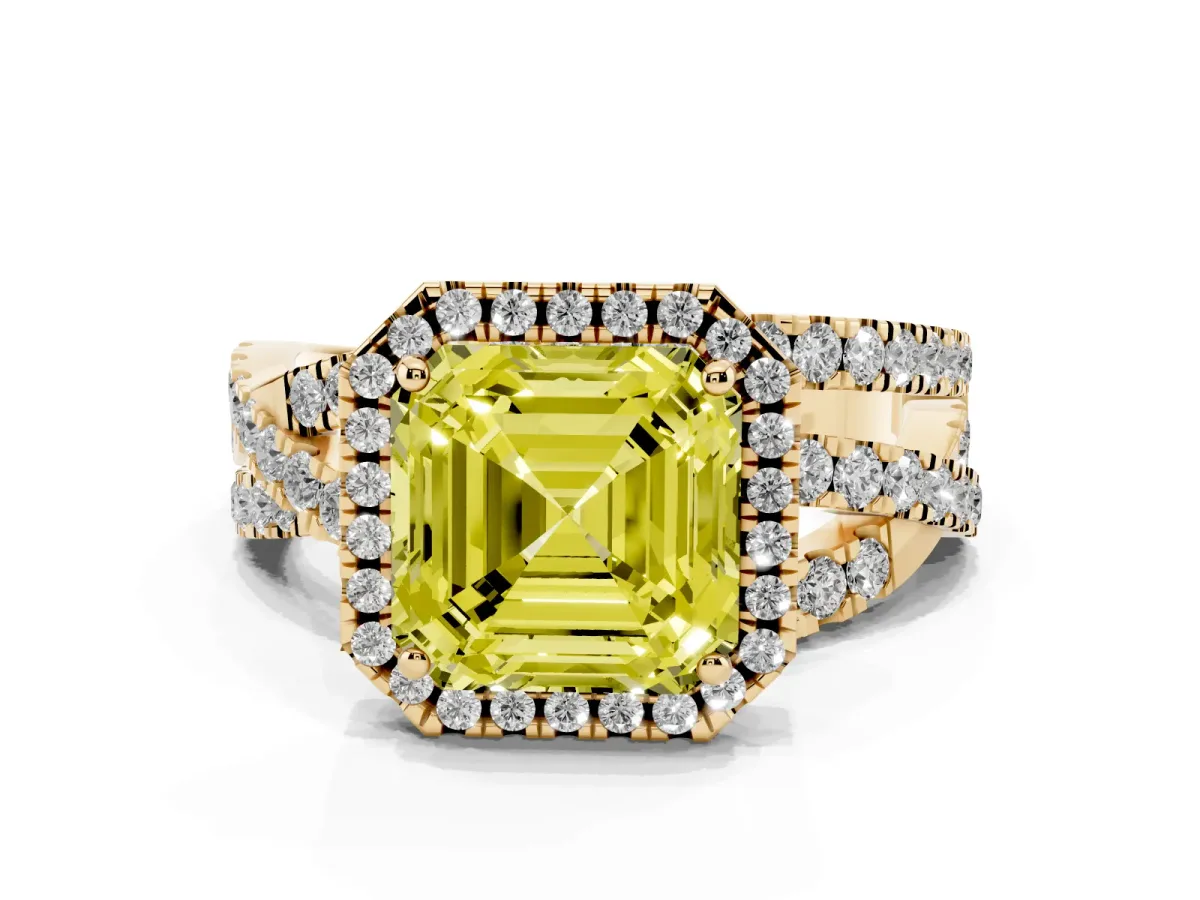 Fancy Yellow Asscher Cut Diamond Halo Ring with Round Split Shank and Prong Setting Yellow gold
