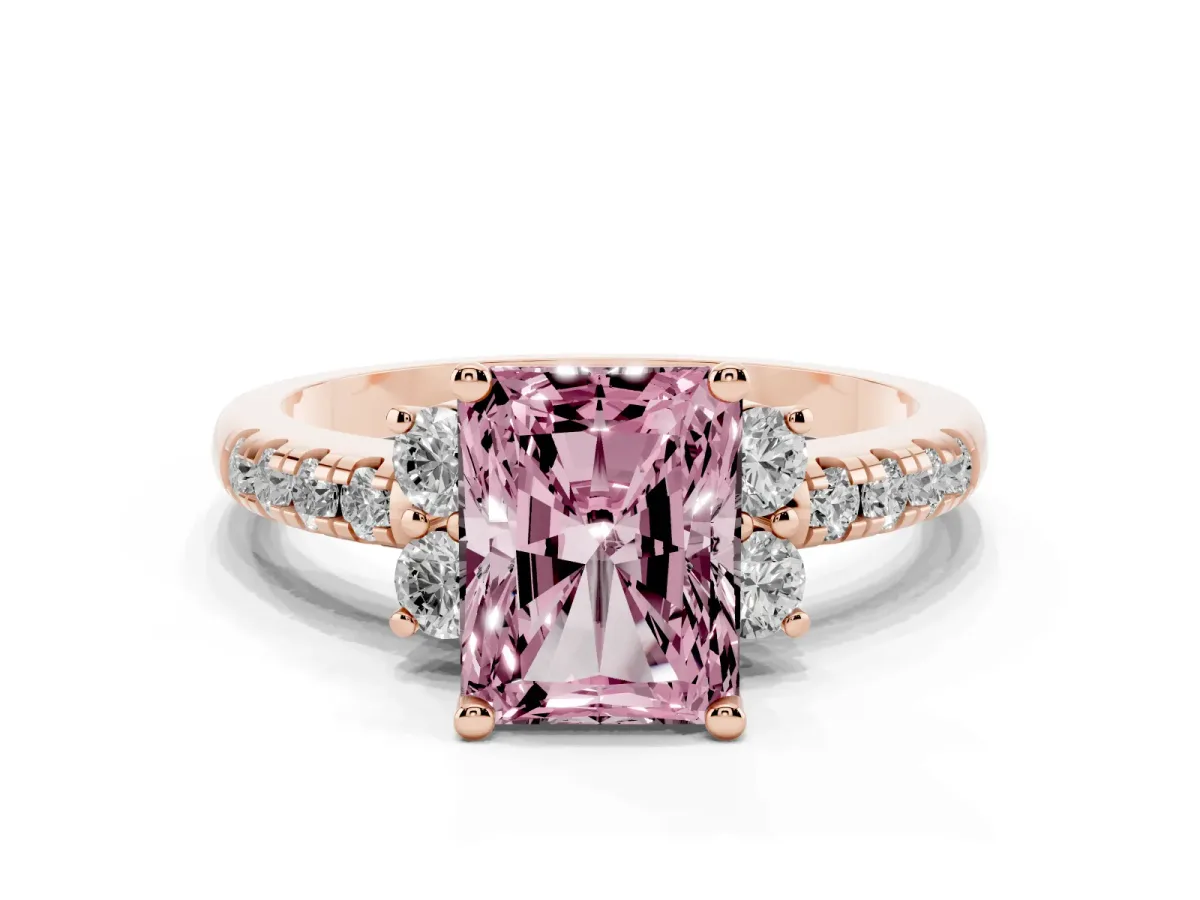 Fancy Pink Radiant Cut Diamond Three-Stone Pave Band with Four-Prong Setting Rose gold