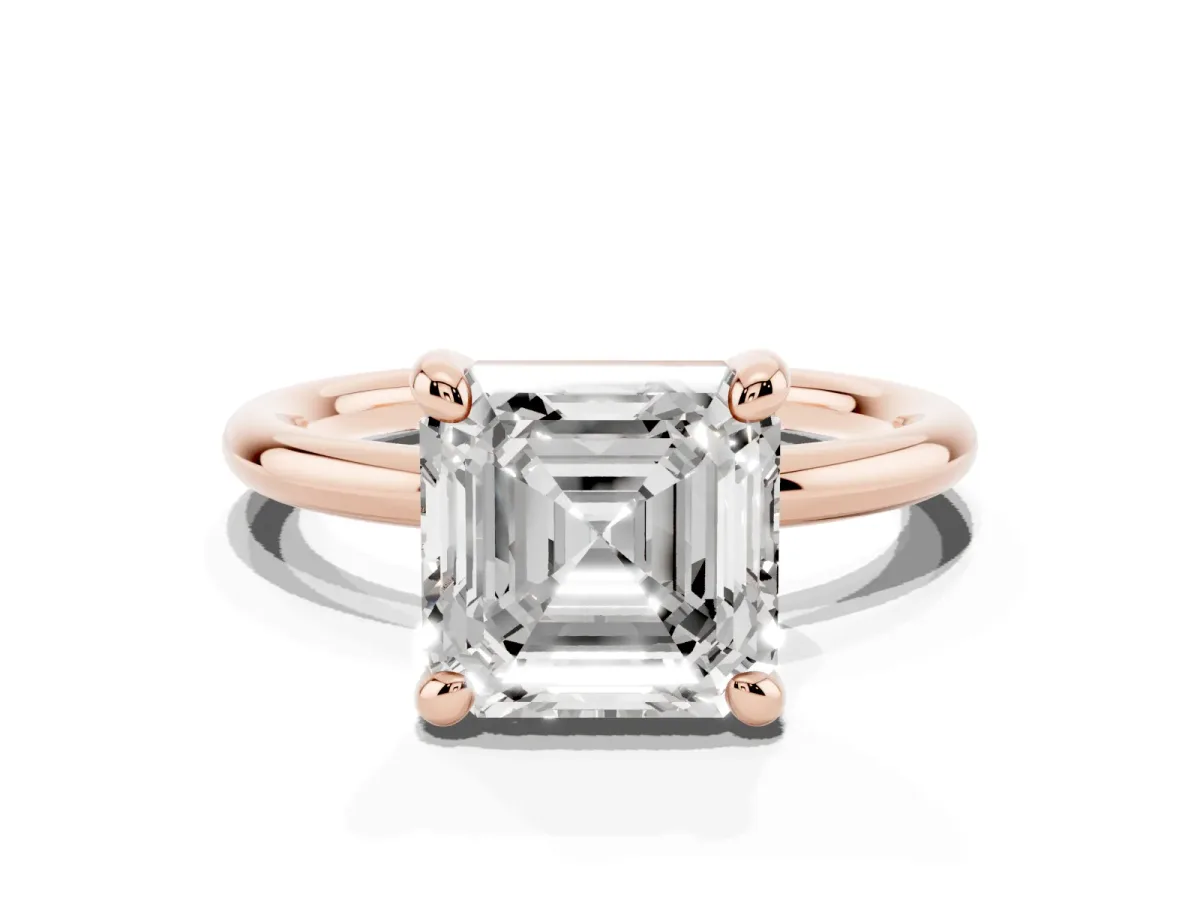 Asscher Cut Solitaire Diamond Ring with Four-Prong Setting on a Plain Band Rose gold