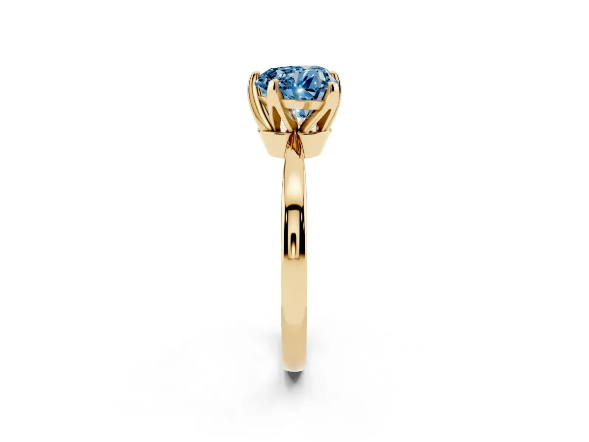 Fancy Blue Heart Cut Solitaire Engagement Ring with Six-Prong Setting and Tapered Band Yellow gold