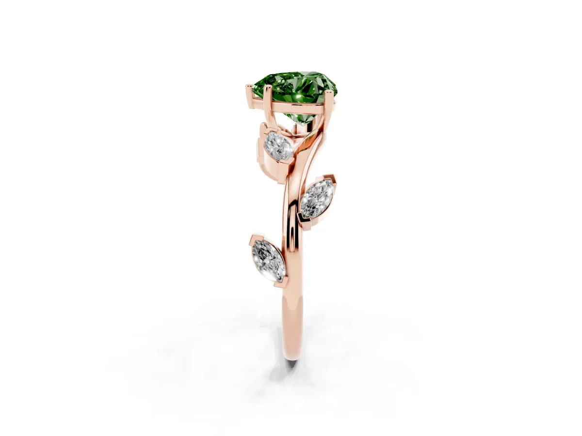 Fancy Green Heart Cut Solitaire Twisted Band Marquise Accent Prong Setting Ring Rose gold