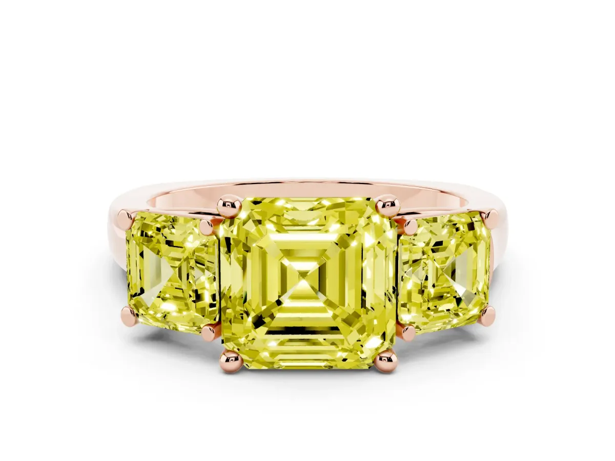 Fancy Yellow Three-Stone Asscher Cut Brilliant Diamond Trellis Ring with Comfort Fit Band Rose gold