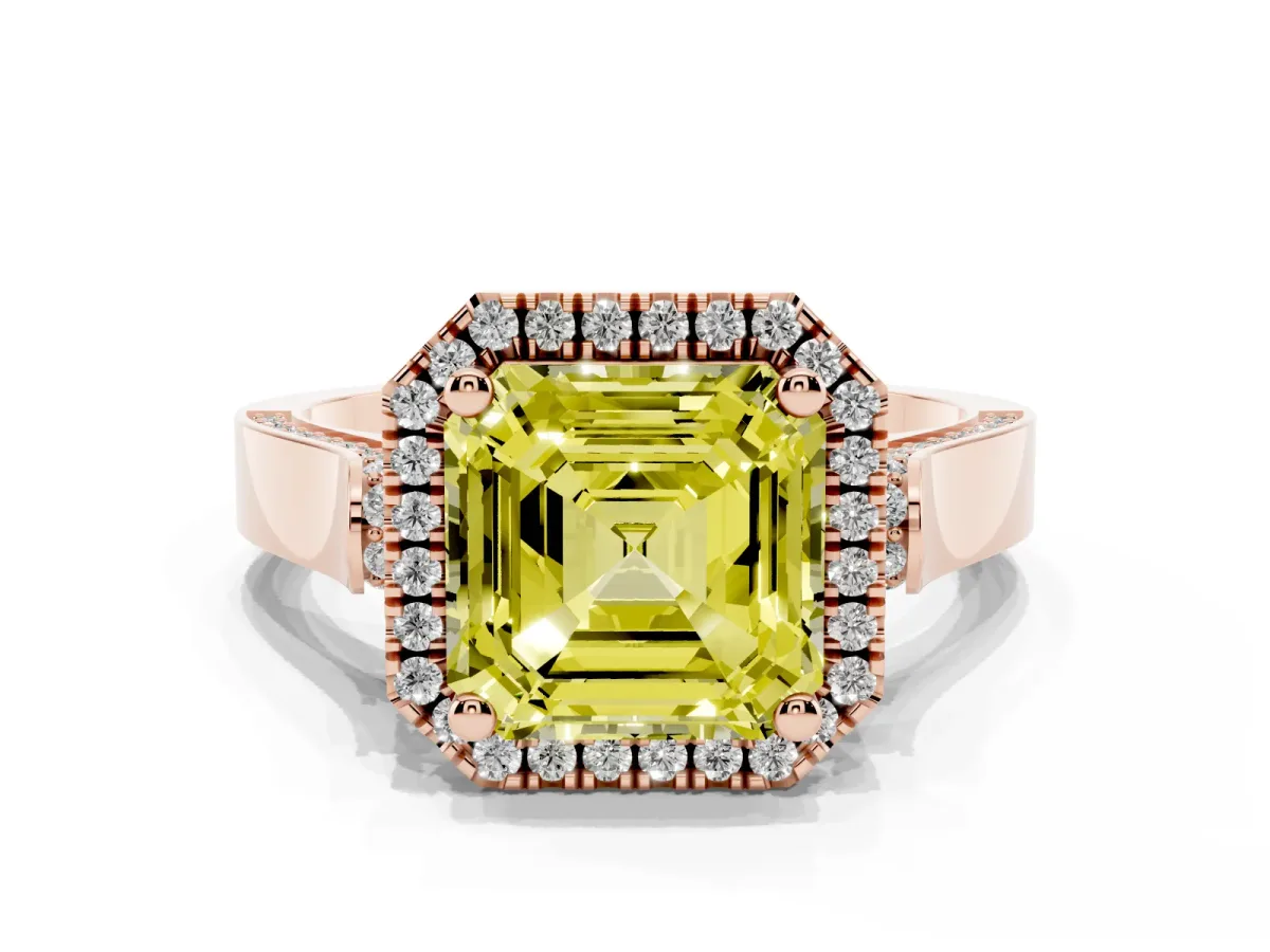 Fancy Yellow Asscher Cut Halo Pave Split Shank Prong Setting Ring Rose gold