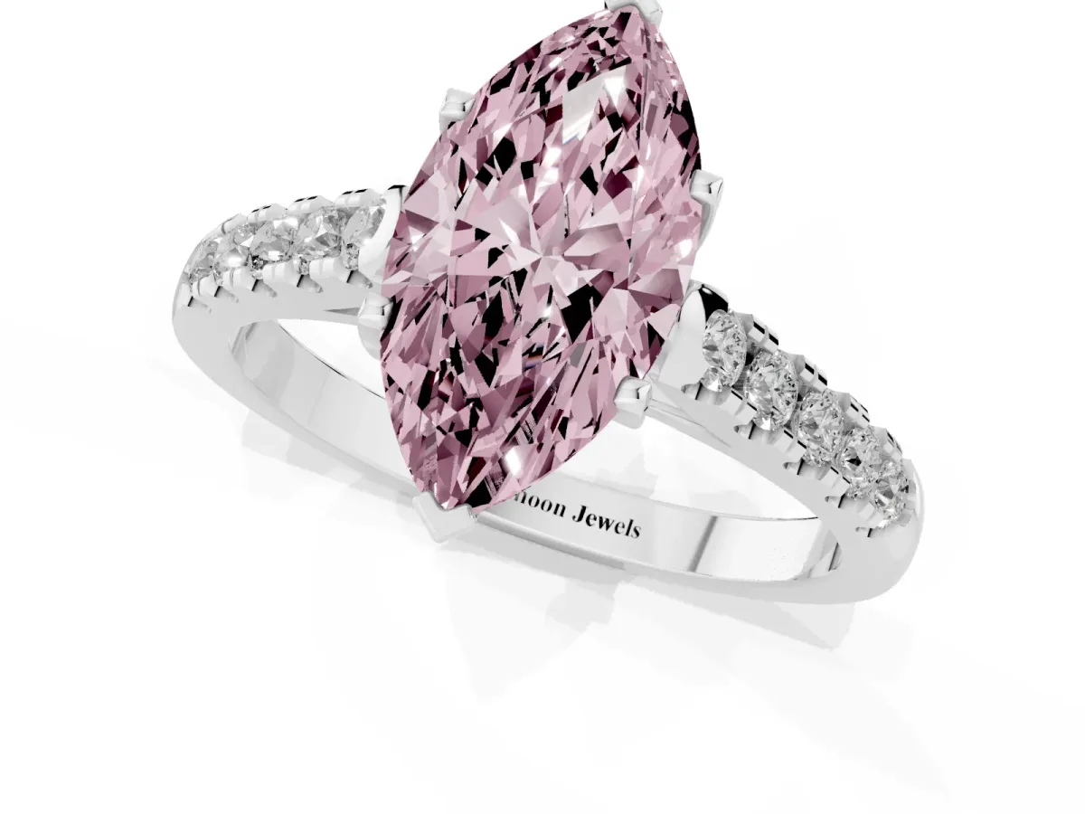 Fancy Pink Marquise Cut Diamond Pavé Band Solitaire Ring with Prong Setting Silver