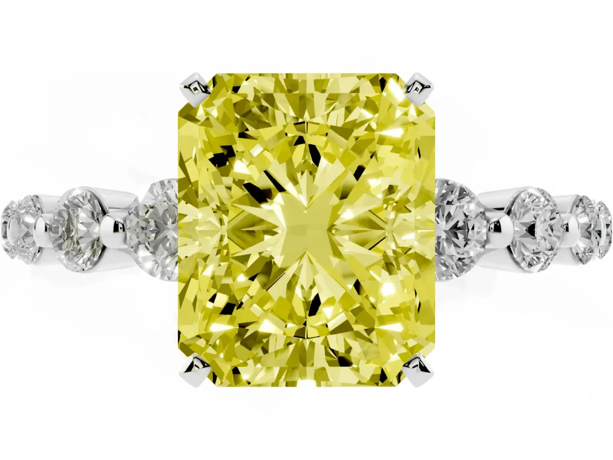 Fancy Yellow Radiant Cut Solitaire Diamond Ring with Pave Band and Four-Prong Setting Silver