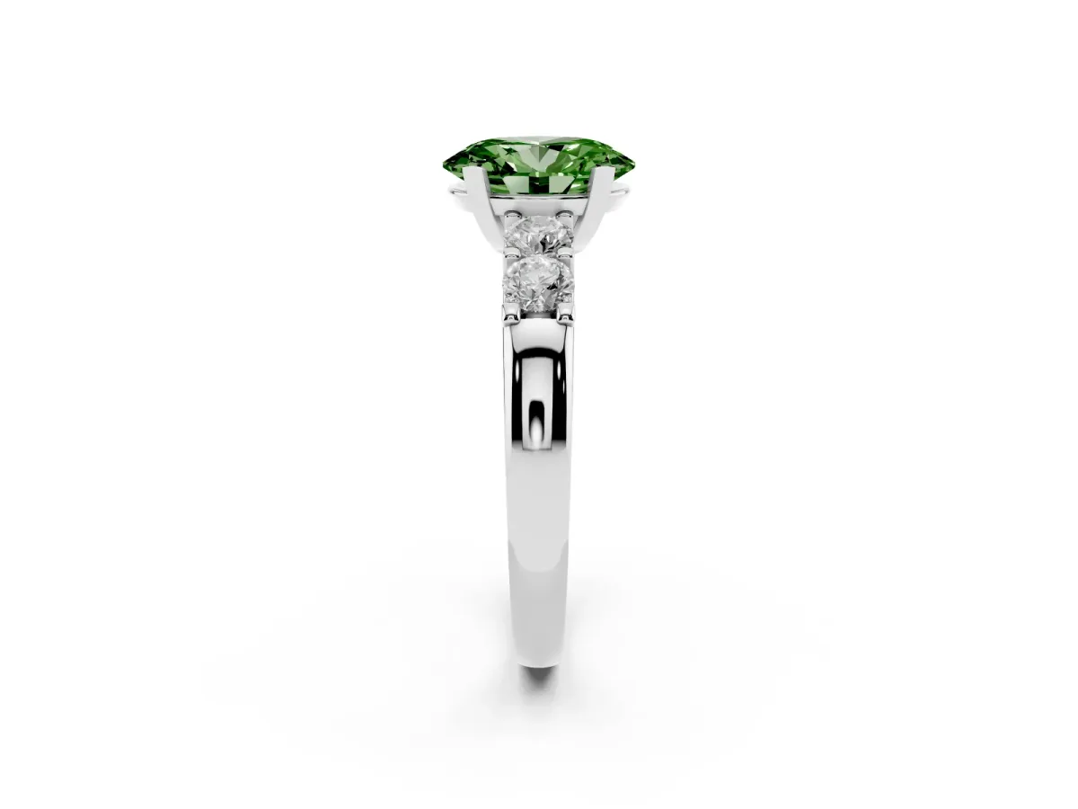 Fancy Green Oval Cut Brilliant Cut Diamond Five-Stone Prong Set Engagement Ring with Channel Band Silver