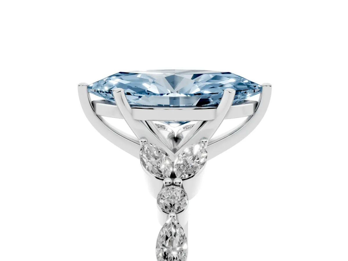 Fancy Blue Marquise Cut Diamond Solitaire Ring with Side Stones and Four-Prong Setting Platinum