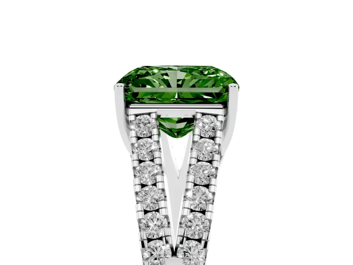 Fancy Green Radiant Cut Diamond Split Shank Engagement Ring with Round Pavé and Prong Setting Silver