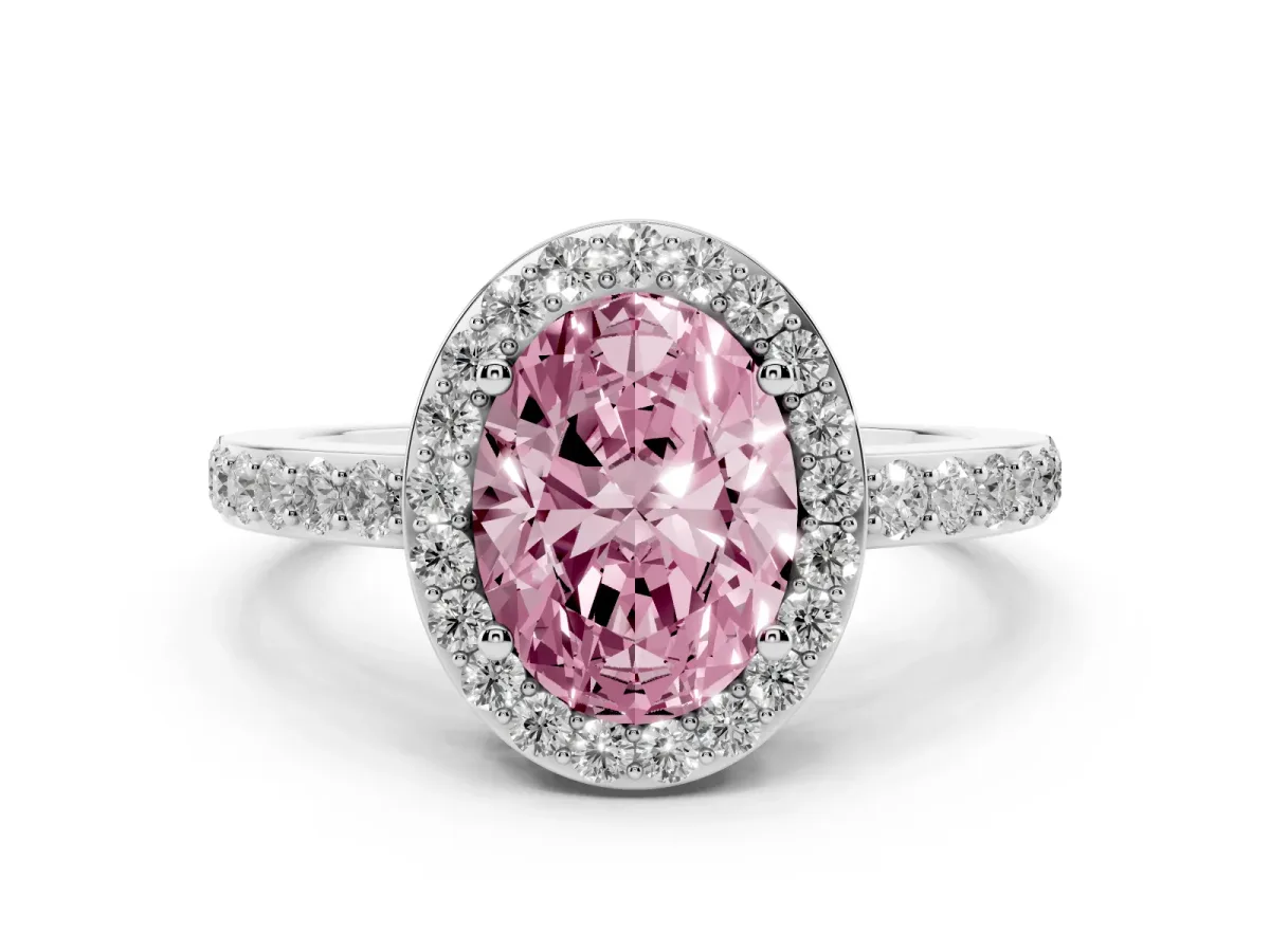 Fancy Pink Oval Cut Halo Diamond Pavé Band Ring with Prong Setting Silver