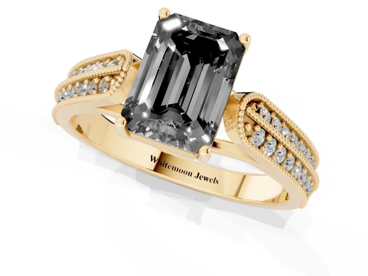 Fancy Black Emerald Cut Cut Pave Split Shank Engagement Ring with Four-Prong Setting Yellow gold