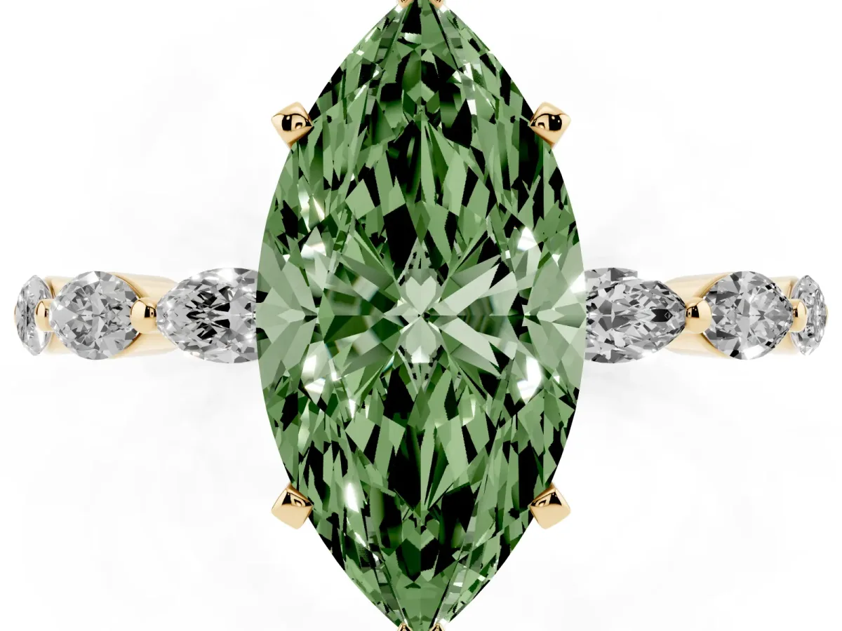 Fancy Green Marquise Cut Diamond Ring with Marquise Side Stones and Prong Setting Yellow gold