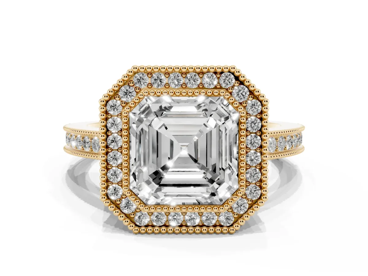 Asscher Cut Cut Halo Diamond Ring with Pavé Band and Milgrain Prong Setting Yellow gold