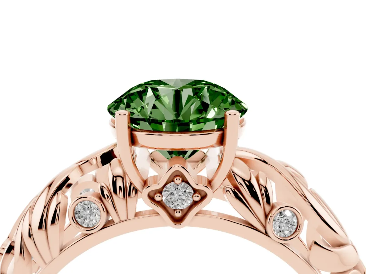 Fancy Green Round Cut Solitaire Diamond Leaf-Inspired Vine Band Ring with Prong Setting Rose gold