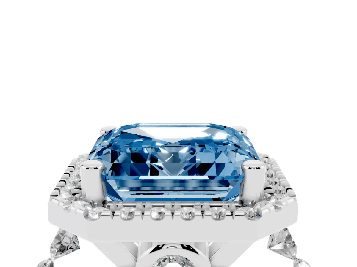 Fancy Blue Asscher Cut Halo Pavé Diamond Engagement Ring with Four-Prong Setting Silver