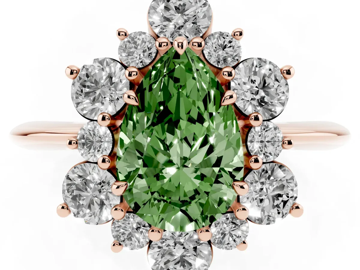 Fancy Green Pear Cut Diamond Cluster Halo Ring with Solitaire Band and Four-Prong Setting Rose gold