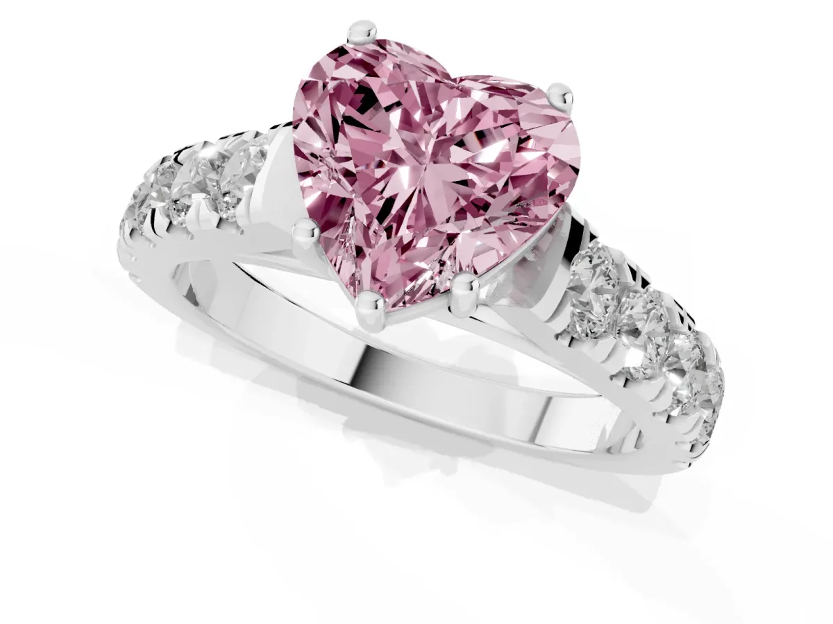 Fancy Pink Heart Cut Cut Diamond Solitaire Ring with Micro Pave Band and Prong Setting Silver