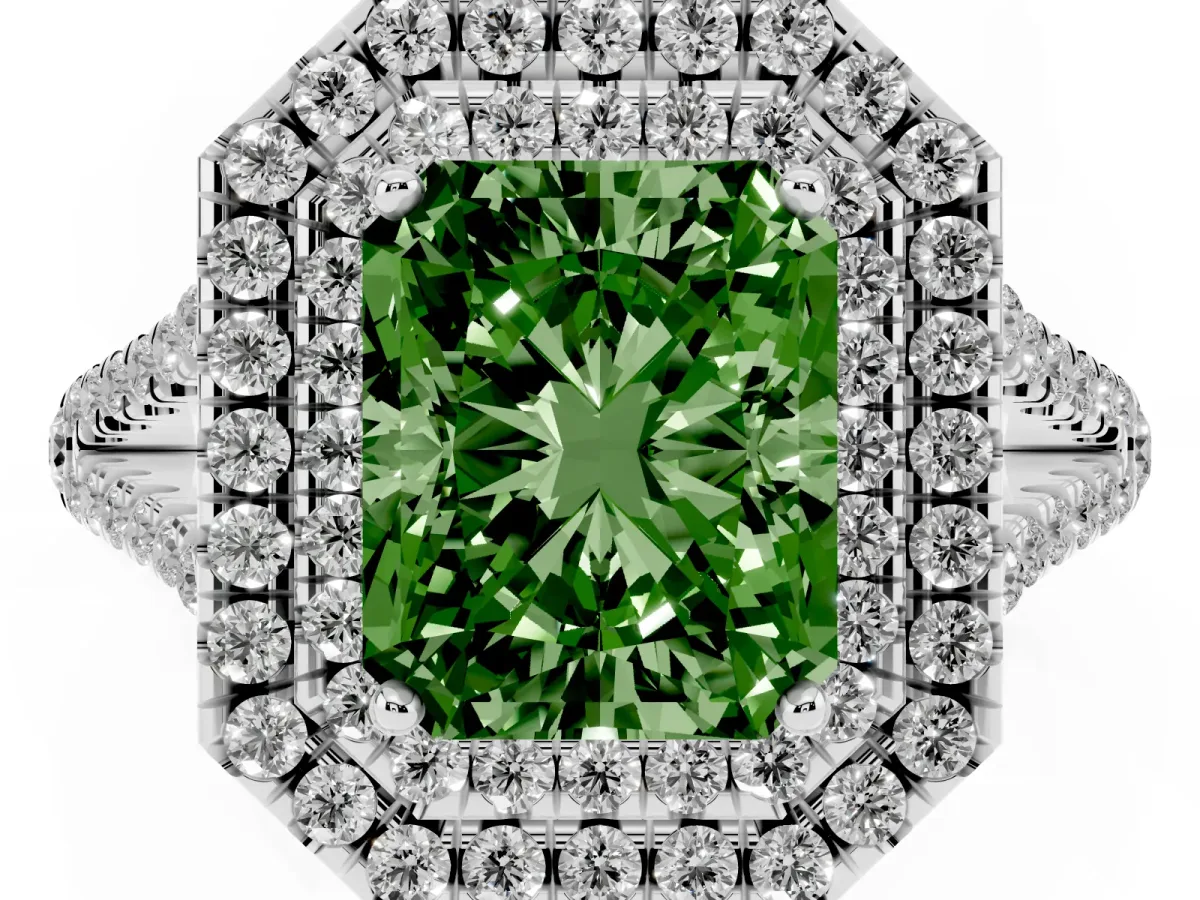 Fancy Green Radiant Cut Diamond Double Halo Ring with Pavé Band and Prong Setting Platinum