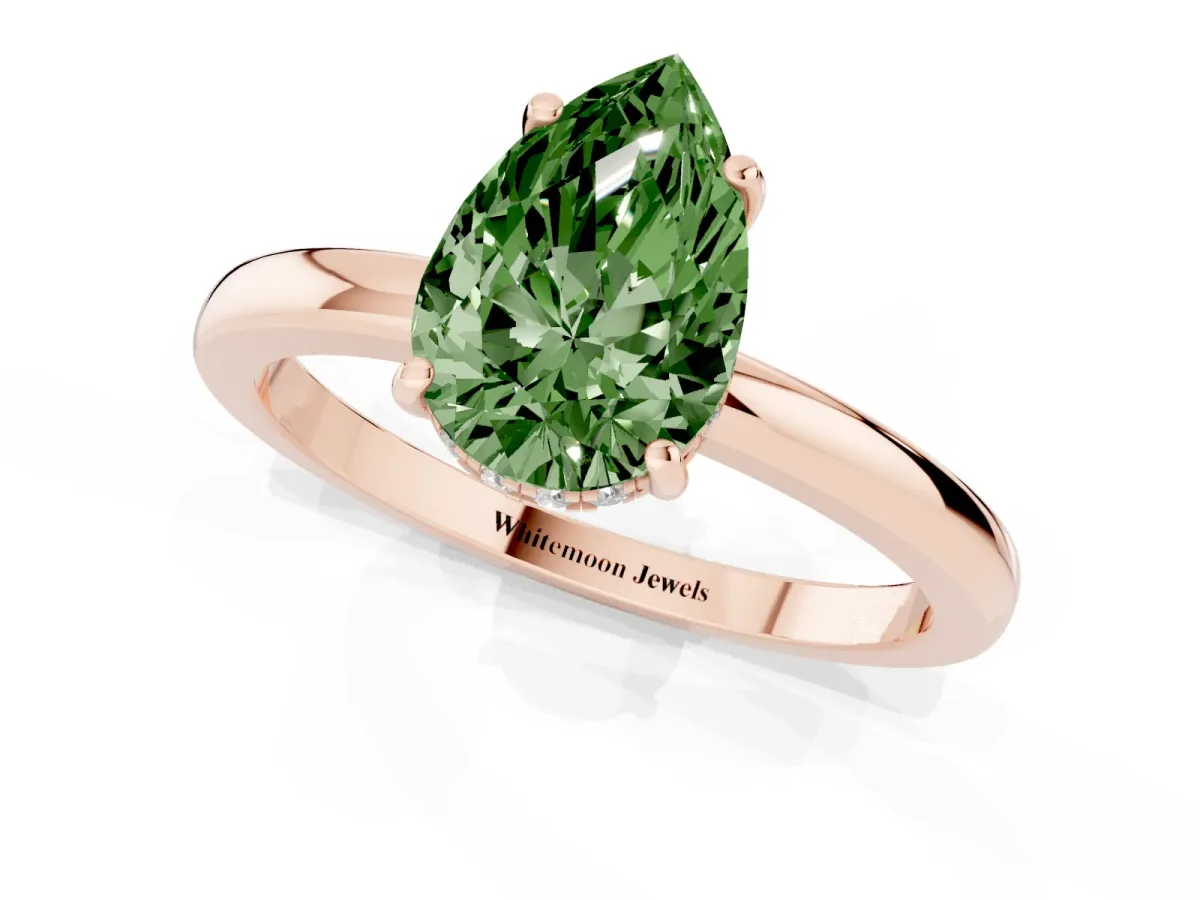 Fancy Green Pear Cut Solitaire Diamond Ring with Prong Setting and Plain Band Rose gold