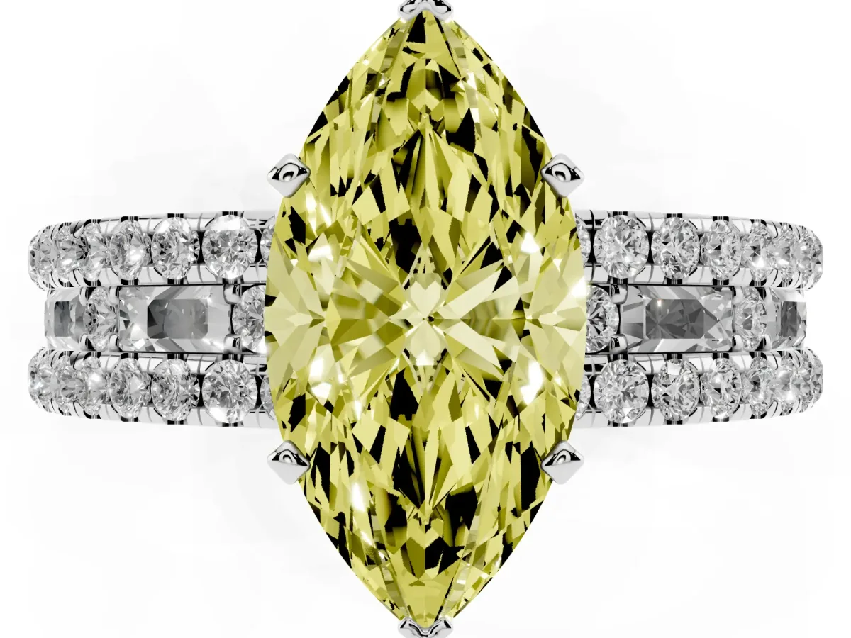 Fancy Yellow Marquise Cut Diamond Solitaire Ring with Pavé and Channel Set Band Platinum