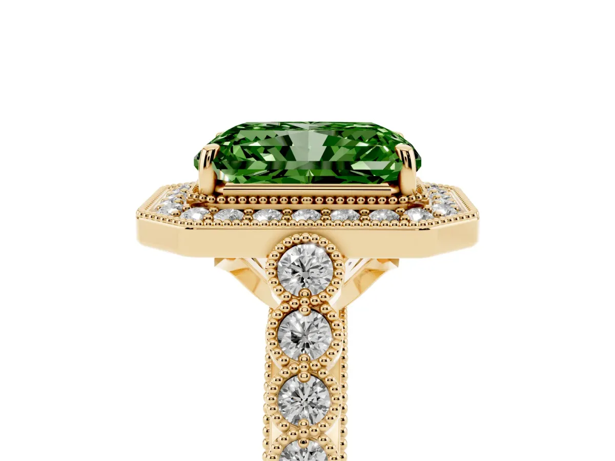 Fancy Green Radiant Cut Halo Milgrain Solitaire with Bezel Set Side Stones and Pave Band Yellow gold